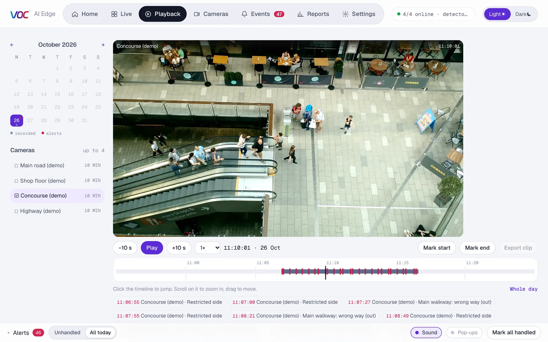Playback screen with a calendar, a camera list, the recorded video and a timeline with alerts marked