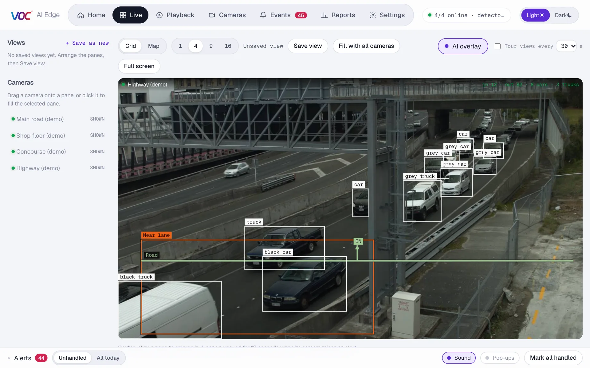 A highway camera with vehicles labelled by type and colour, such as black truck, grey car and black car, a counting line across the road and a lane area outlined