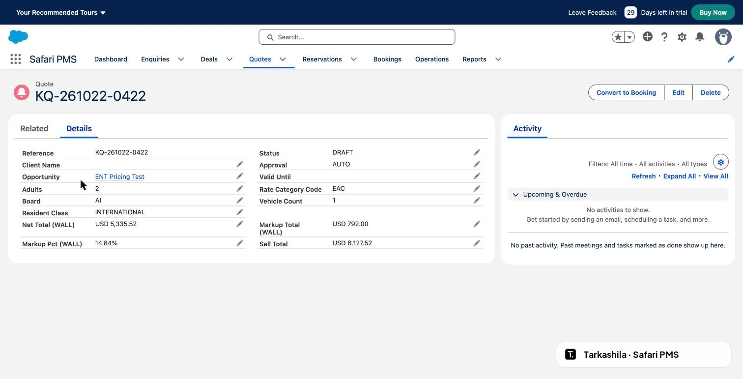 The quote, priced off the live rate book. Staff see sell, net and markup; the agent wall tags what trade partners never see. One click converts it to a booking.
