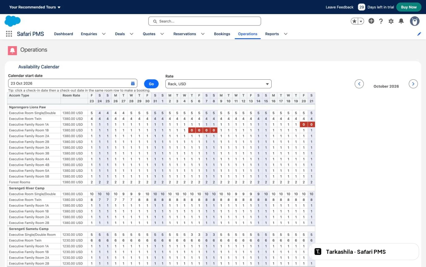 The live availability board: every camp and room, night by night. Red is sold out.