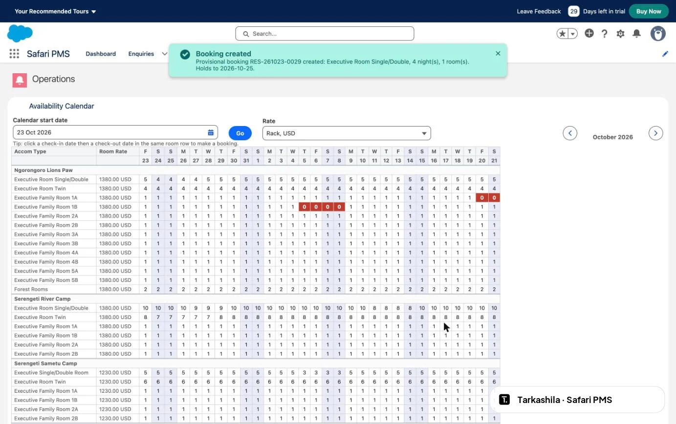 Booking confirmed. Availability drops from 9 to 8 the moment it is saved.