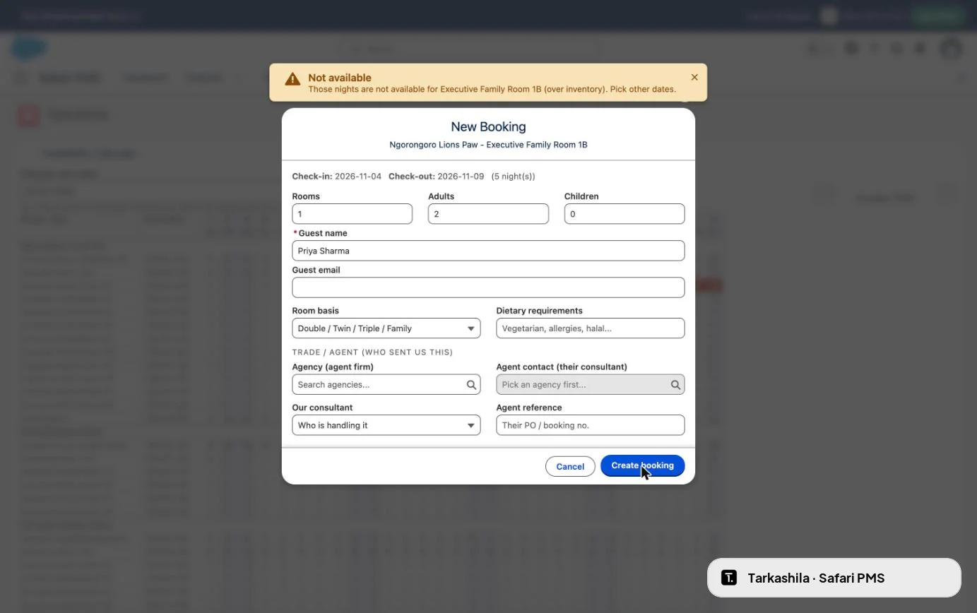 Try to book a sold-out room and the system blocks it: not available, over inventory.