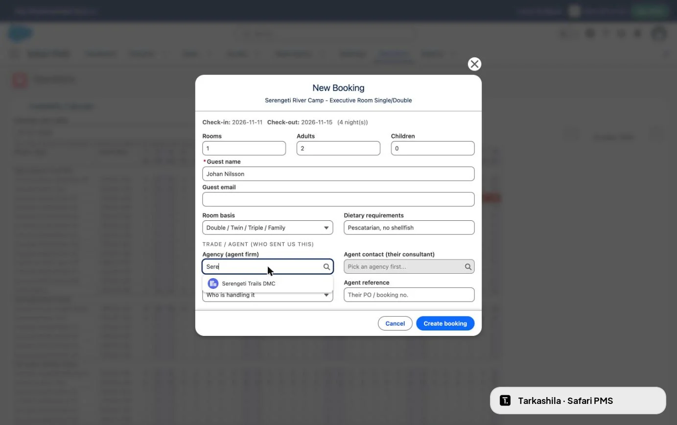 Booking for a trade partner: search and attach the agency and its contact.